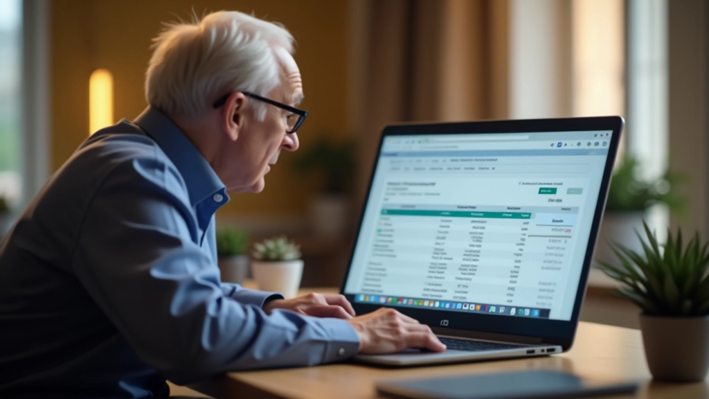 Persona jubilada revisando estado de cuenta de pensión en computadora portátil