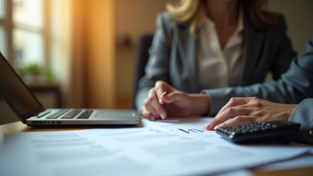 Profesional revisando documentos de pensión con gráficos de cálculos en escritorio bien iluminado